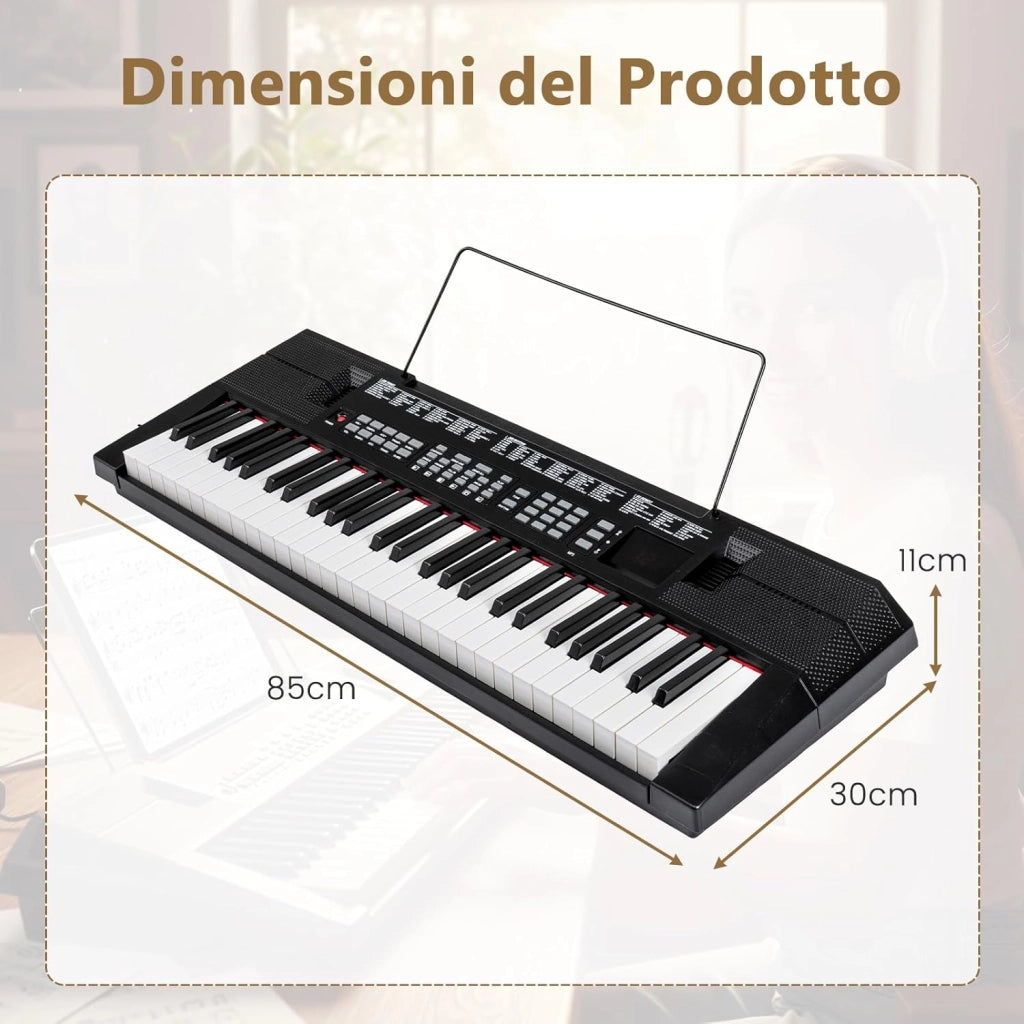 Tastiera Pianoforte a 54 Tasti per Principianti, Pianoforte Digitale con 200 Ritmi e 200 Suoni, 60 Demo, Leggio, Strumento Musicale Educativo per Bambini, Adolescenti e Adulti, Nero