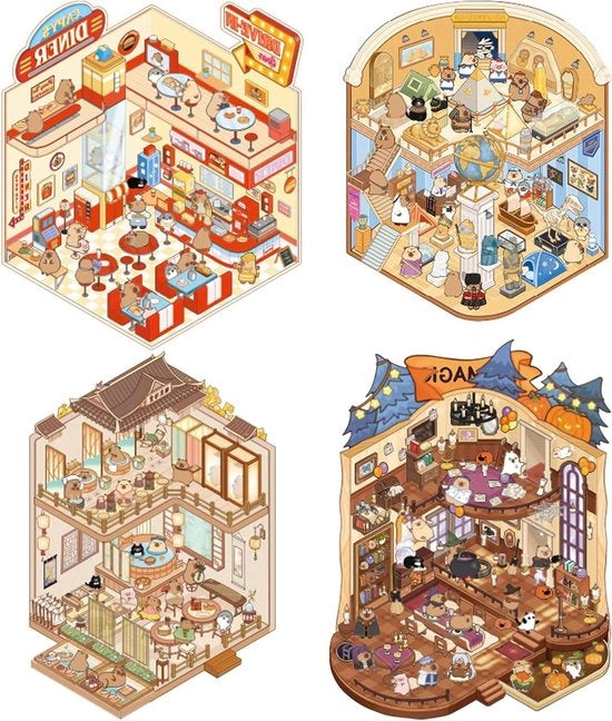 Set di 4 Stickers DIY per Creare un Paesaggio 3D di Capybara della Serie Mondiale
