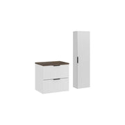 Set da bagno NOXERA 60 cm – Mobile sospeso bianco con piano per lavabo effetto legno di abete e colonna