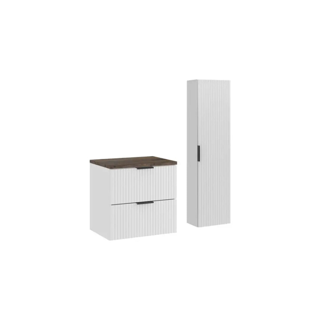 Set da bagno NOXERA 60 cm – Mobile sospeso bianco con piano per lavabo effetto legno di abete e colonna
