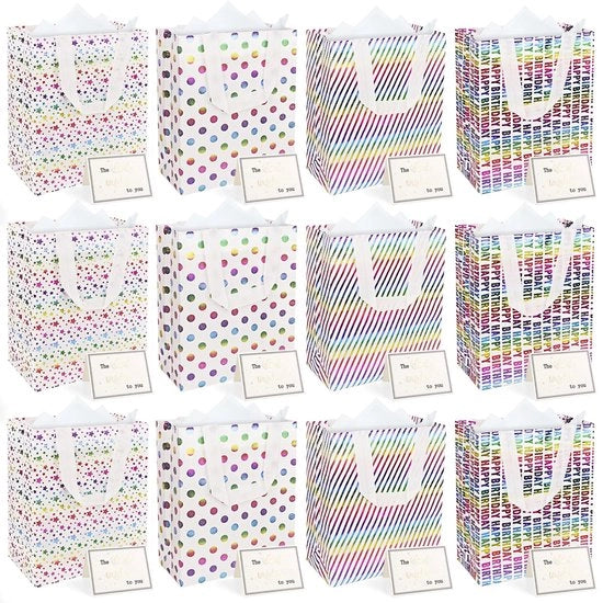 Set di borse regalo 12 pezzi - Borse regalo riutilizzabili - 25,9 cm x 20 cm - Maniglie - Resistenti alle scalfitture - Leggere