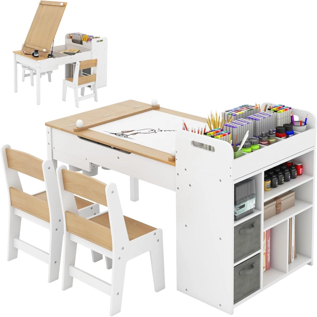 Set Tavolo e Sedie per Bambini con Rotolo di Carta, Tavolino per Cameretta con 2 Sedie, Piano Ribaltabile, Ripiani, 8 Bicchieri per Pittura, 2 Cassetti Nascosti e 2 Ceste di Tessuto (Naturale)