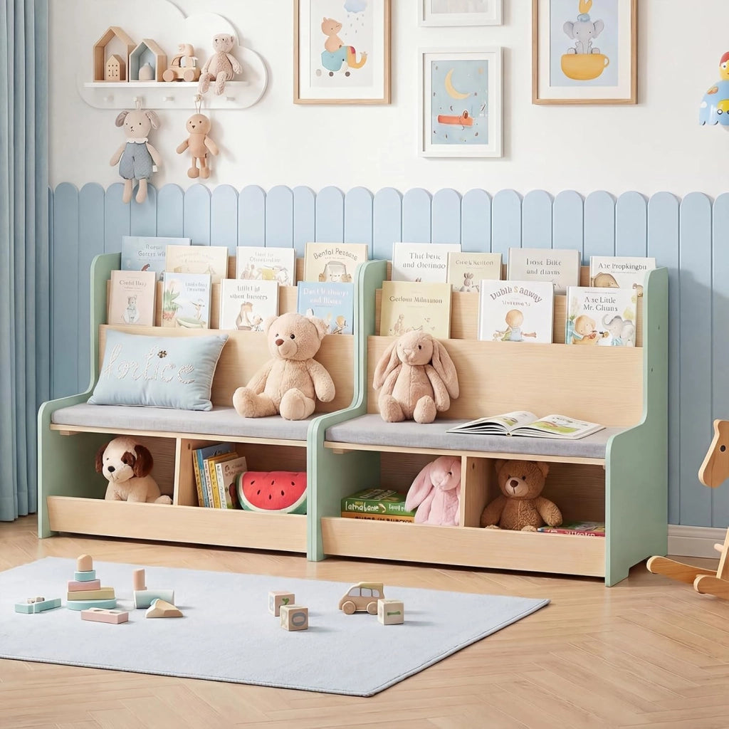 Libreria Montessoriana Salvaspazio per Bambini con Panchina Verde | Porta Libri Bambini con Portariviste a 2 Ripiani, 2 Scomparti Aperti e Cuscino Seduta Rimovibile per Cameretta
