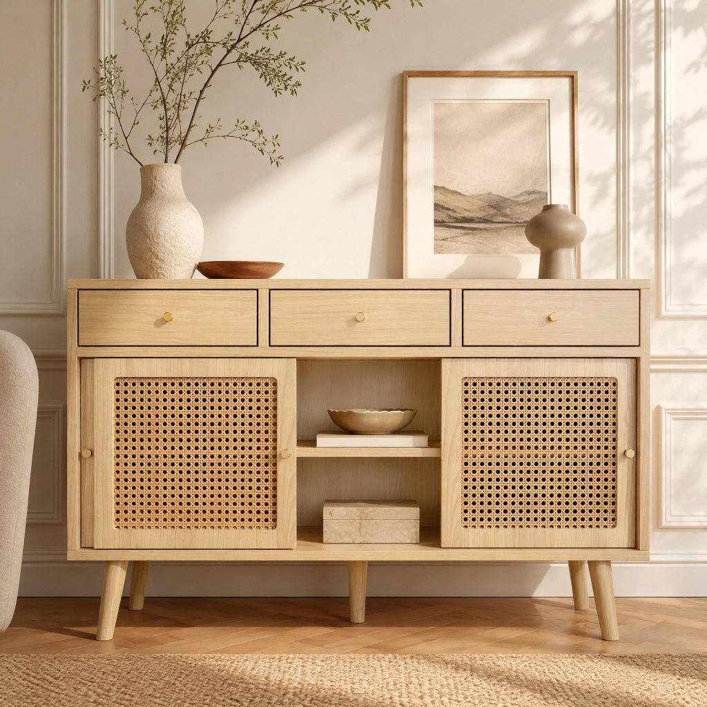 Credenza con 3 cassetti e 3 ante in MDF effetto quercia con ripiani regolabili e piedi alti 120 × 40 × 78 cm