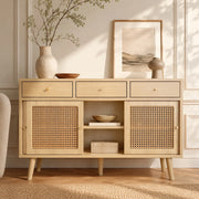 Credenza con 3 cassetti e 3 ante in MDF effetto quercia con ripiani regolabili e piedi alti 120 × 40 × 78 cm