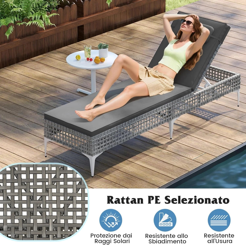 Sdraio Giardino Rattan, Lettino Prendisole con Schienale Regolabile 6 Livelli, Cuscino e Poggiatesta Removibili Incluso, Portata 180 kg, Ideale per Piscina e Terrazza