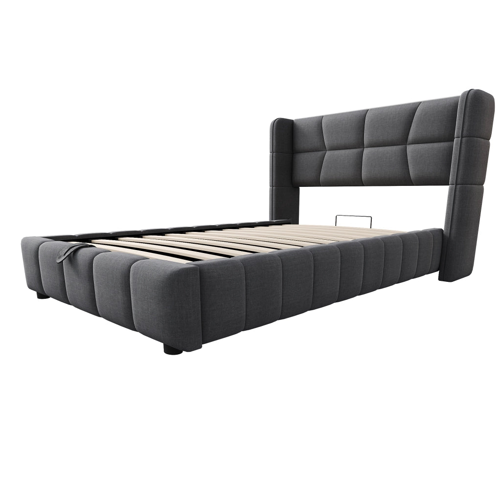 Letto singolo 90 x 200 cm, testiera imbottita, vano portaoggetti, tessuto di lino, grigio