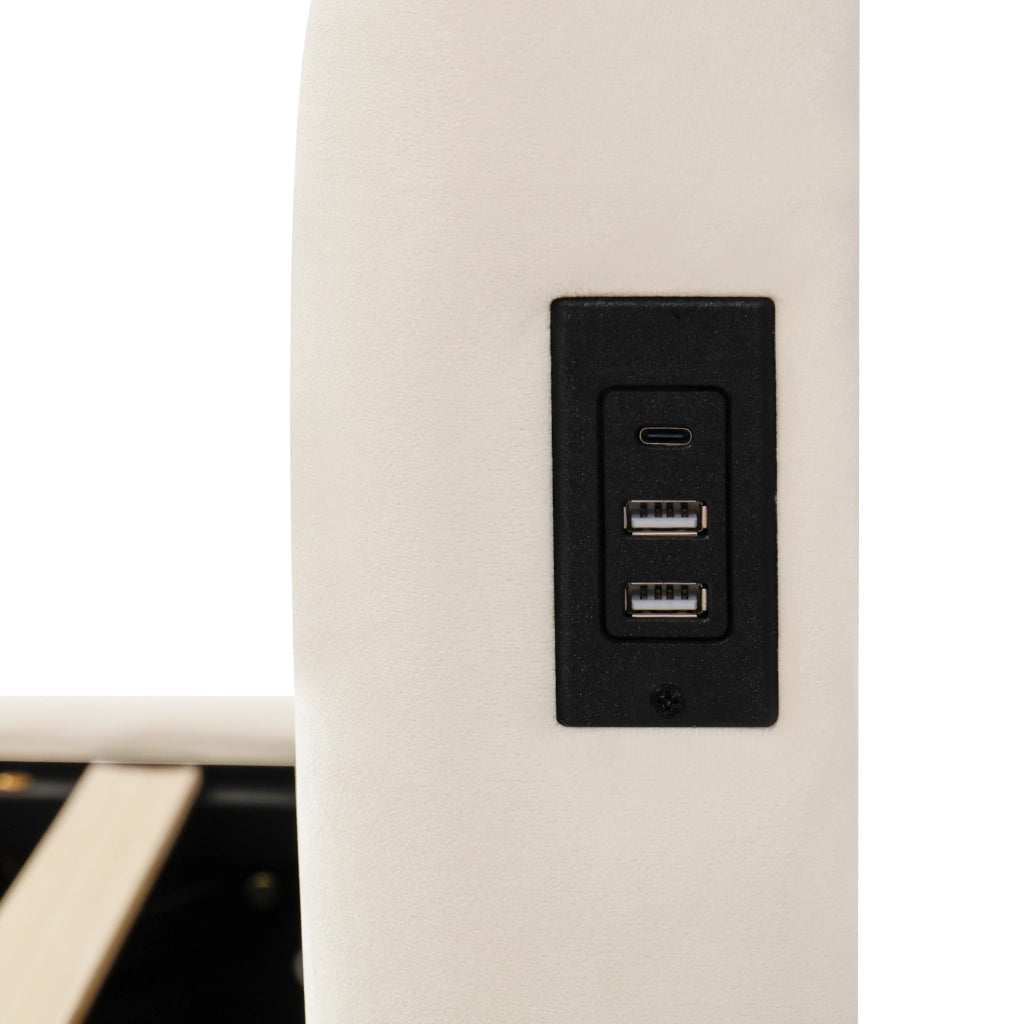 Letto singolo per bambini 90x200 cm con contenitore idraulico; USB C; velluto beige