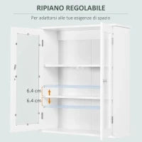 kleankin Armadietto Pensile Bagno a 2 Ante in Legno e Vetro con Ripiano Regolabile, 55x20x65 cm, Bianco