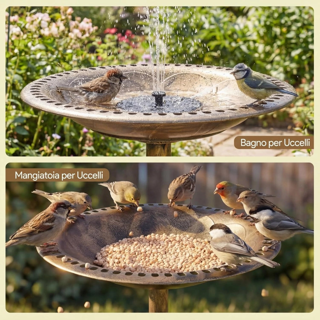 Mangiatoia per Uccelli da Esterno 2 in 1, Vasca per Uccelli con 6 Tipi di Ugelli, Base Robusta e Picchetti, Fontana Moderno Resistente alle Intemperie per Giardino e Cortile
