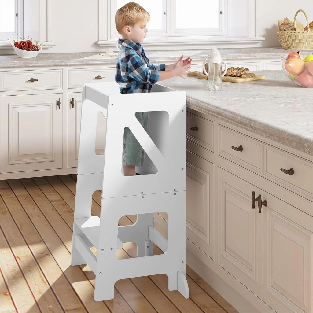 3 in 1 Torre Montessoriana, Scala Montessoriana di Apprendimento, Trasformabile, con Lavagna, Barra Sicurezza, per Bambini di Età Superiore ai 12 Mesi, Bianco