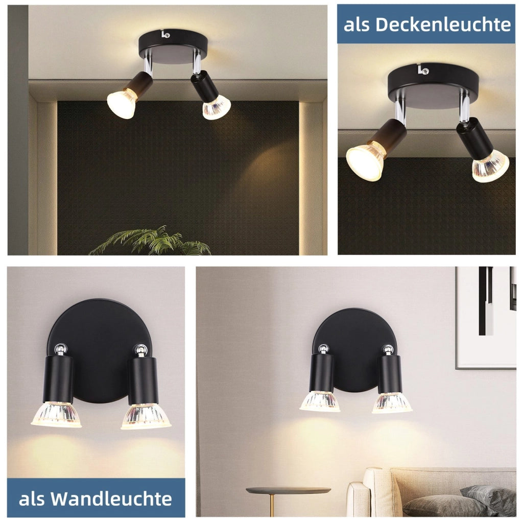ZMH Faretto da soffitto LED neri 2 fiamme GU10 rotondi metallo girevoli 350° plafoniera