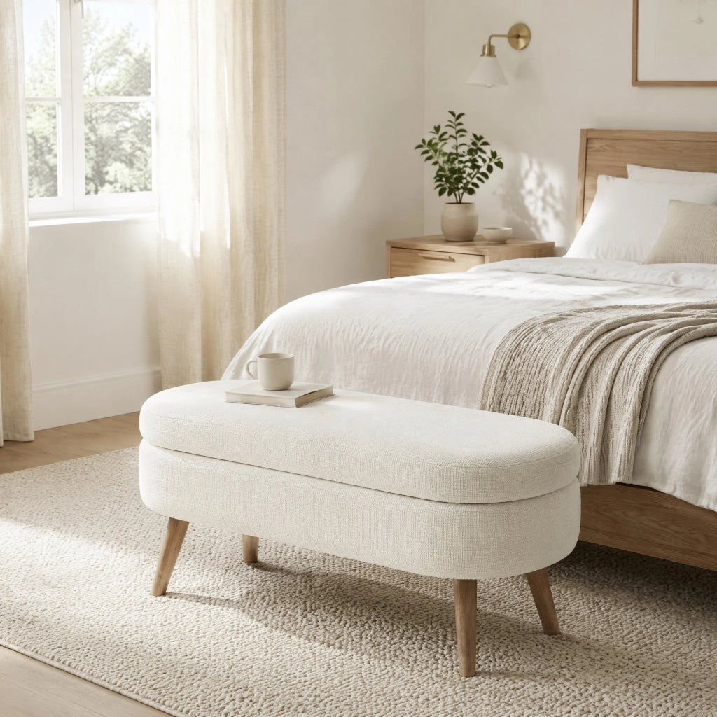 Panca contenitore 1 posto con fori di ventilazione e piedini antiscivolo per camera in ciniglia beige
