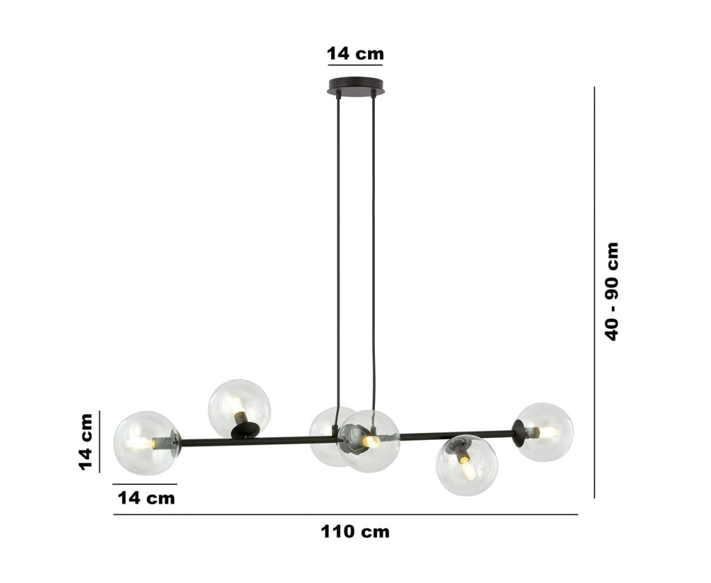 Lampadario Emibig Rossi 6 luci E14 nero vetro trasparente