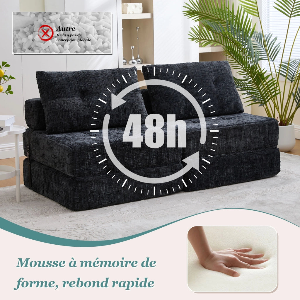 Divano Letto Pieghevole con Schienale e Cuscini Testa e Lombare; in Ciniglia Nero; 79 × 79 × 57 cm