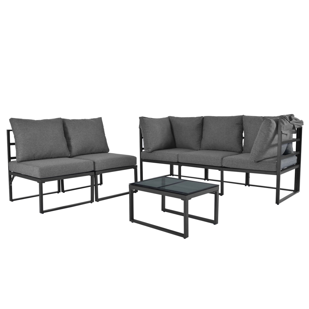Set giardino 4 pezzi: sdraio + isola + salotto + sgabello + tavolo + tendalino; resistente; grigio; cuscini