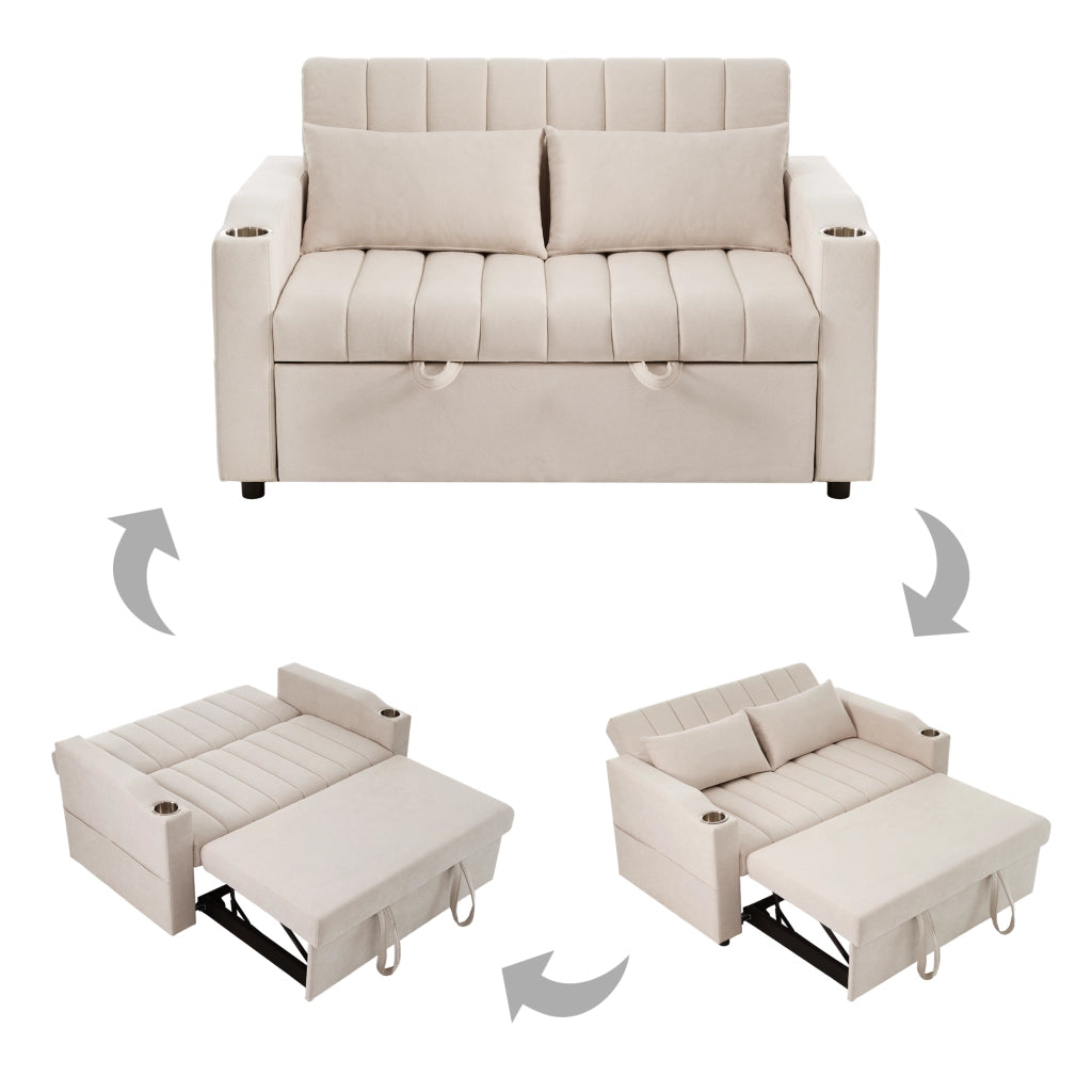 OKWISH Divano Letto 2 Posti, Schienale Regolabile con Portabicchieri e Tasche Laterali, Lino Cotone, Beige