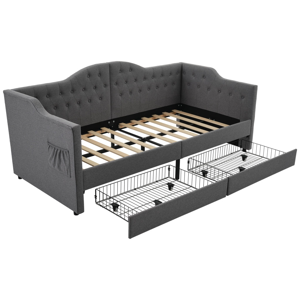Letto Divano 90 x 190 cm; Letto Singolo con 2 Cassetti; USB e Tipo C; senza Materasso; Lino Grigio