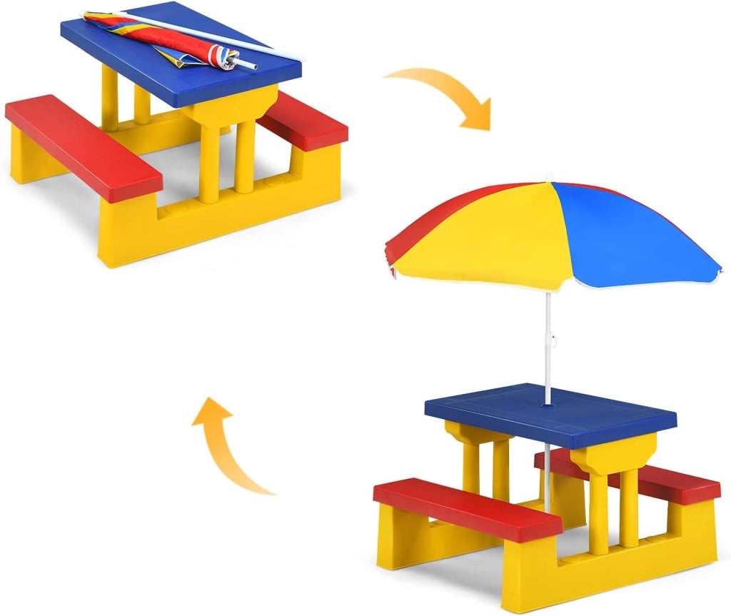 Tavolo da Picnic, Set di Tavolo e Sedie per Bambini con Parasole Pieghevole per Giardino/Terezzo/Parco, Bambini più di 3 Anni (Giallo + Rosso + Blu)