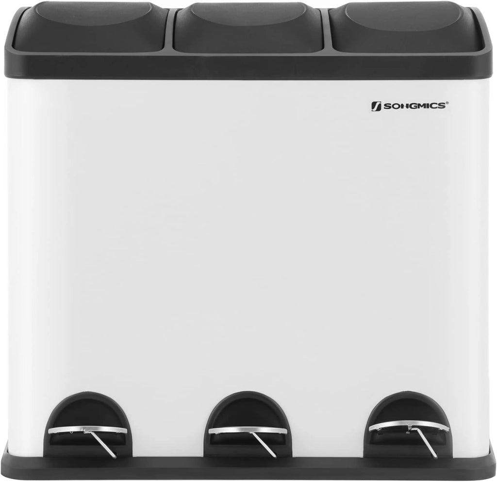 SONGMICS Pattumiera di 54L, Cestino di Spazzatura, a 3 Sezioni, con Pedale, Secchio Interni, 6 Etichetti per Smailtimento Facile, Bianco e Nero LTB54W