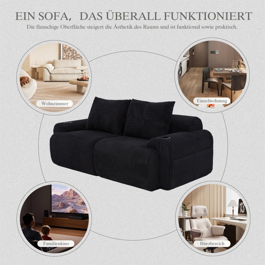 DIVANO Modulare 2 posti 200x99x80 cm in velluto a coste Nero