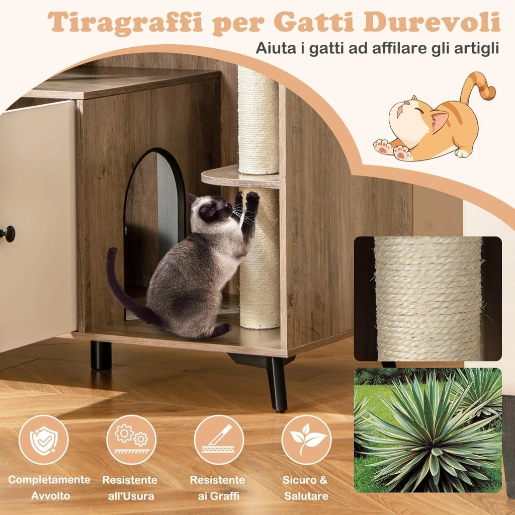 Mobile per Lettiera per Gatti, Cassetta per Gattini con 3 Pali in Sisal per Grattare, Comò per Gattini e 5 Gambe di Supporto in Metallo, Cuccia per Gatti da Interno, 100 x 51 x 91 cm