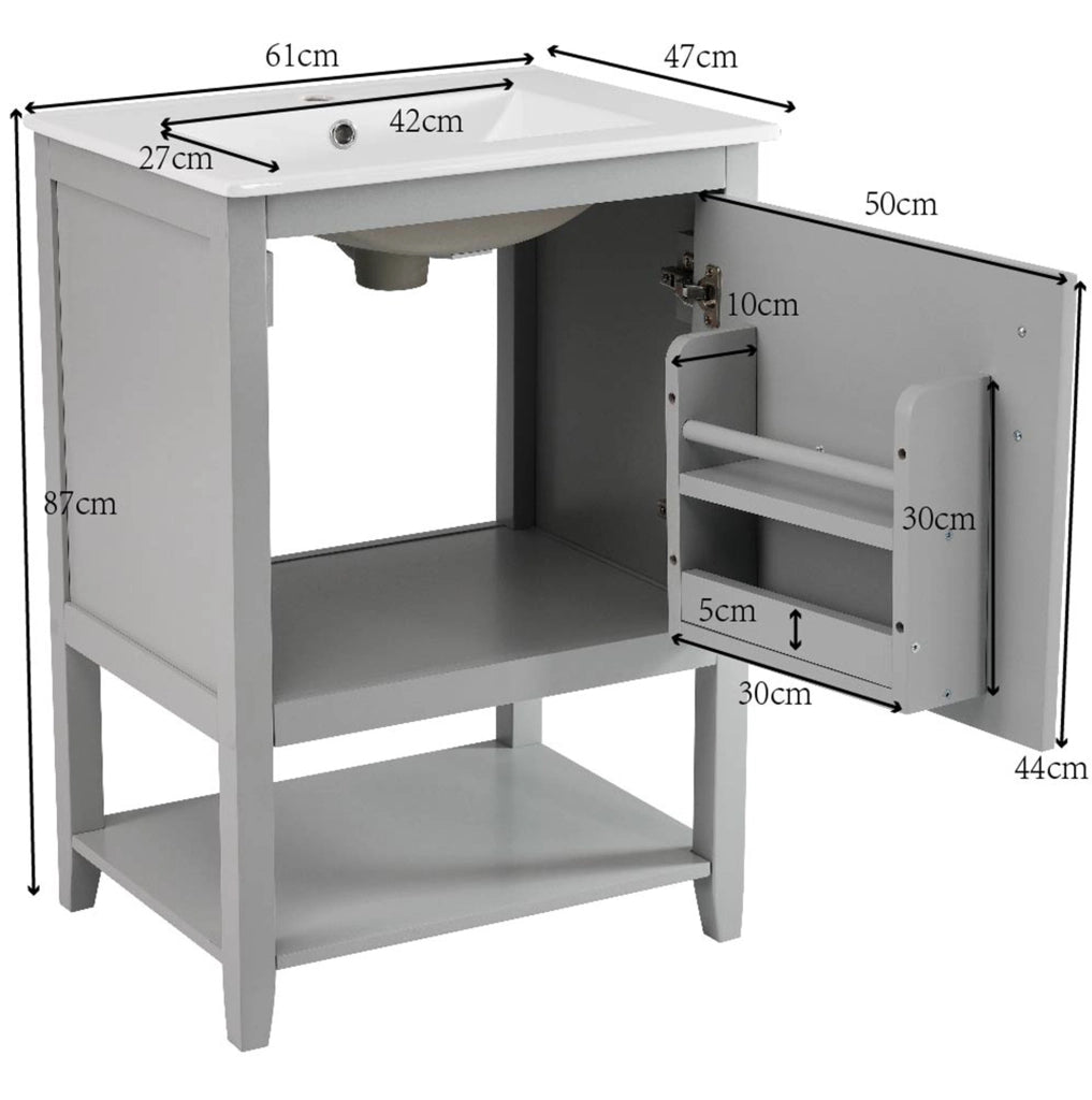 Mobile bagno grigio con lavabo in ceramica e ripiani interni