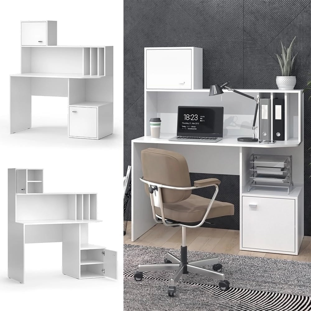 Scrivania con ripiani Alwin, Bianco, 115 x 55 cm con 2 porte, adatto all'uso come postazione di lavoro con superfici d'appoggio