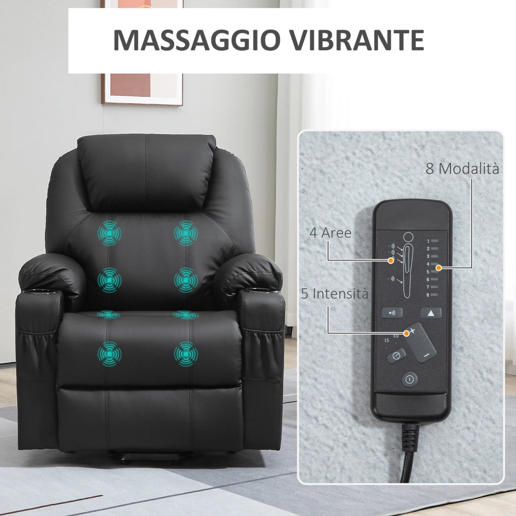 EasyComfort Poltrona Alzapersona Reclinabile max 135° con 8 Punti Massaggianti e Poggiapiedi, 88x92x106 cm, Nero