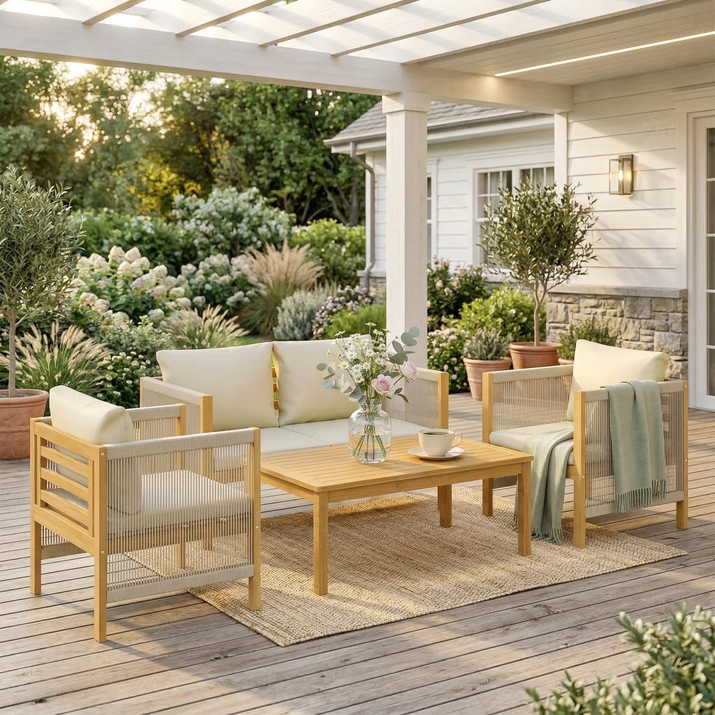 Set Giardino 4 Pezzi Legno Acacia Cuscini Esterni ¨C zephmum ¨C Corde Tessute Naturali