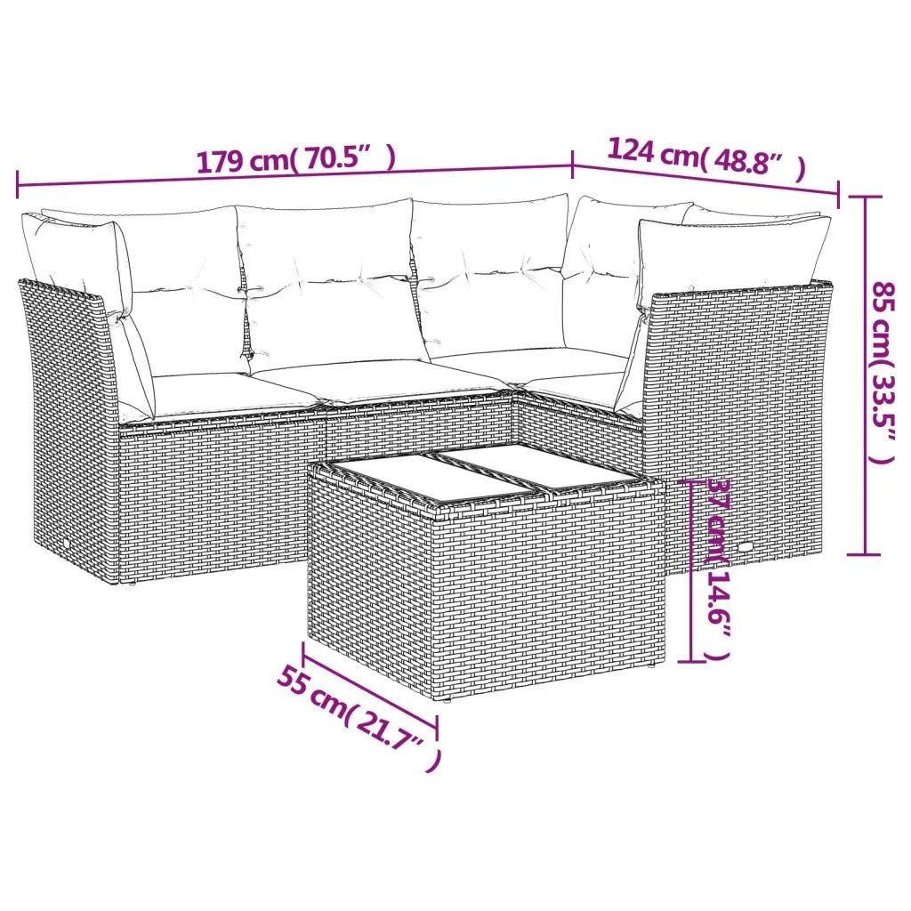 Set Divano da Giardino 5pz con Cuscini Grigio Chiaro Polyrattan