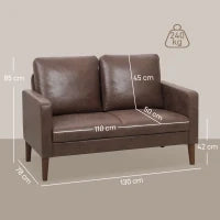 Divano 2 Posti Moderno con Rivestimento in Tessuto Effetto Pelle Traspirante e Gambe in Legno, 130x78x85 cm, Marrone Scuro