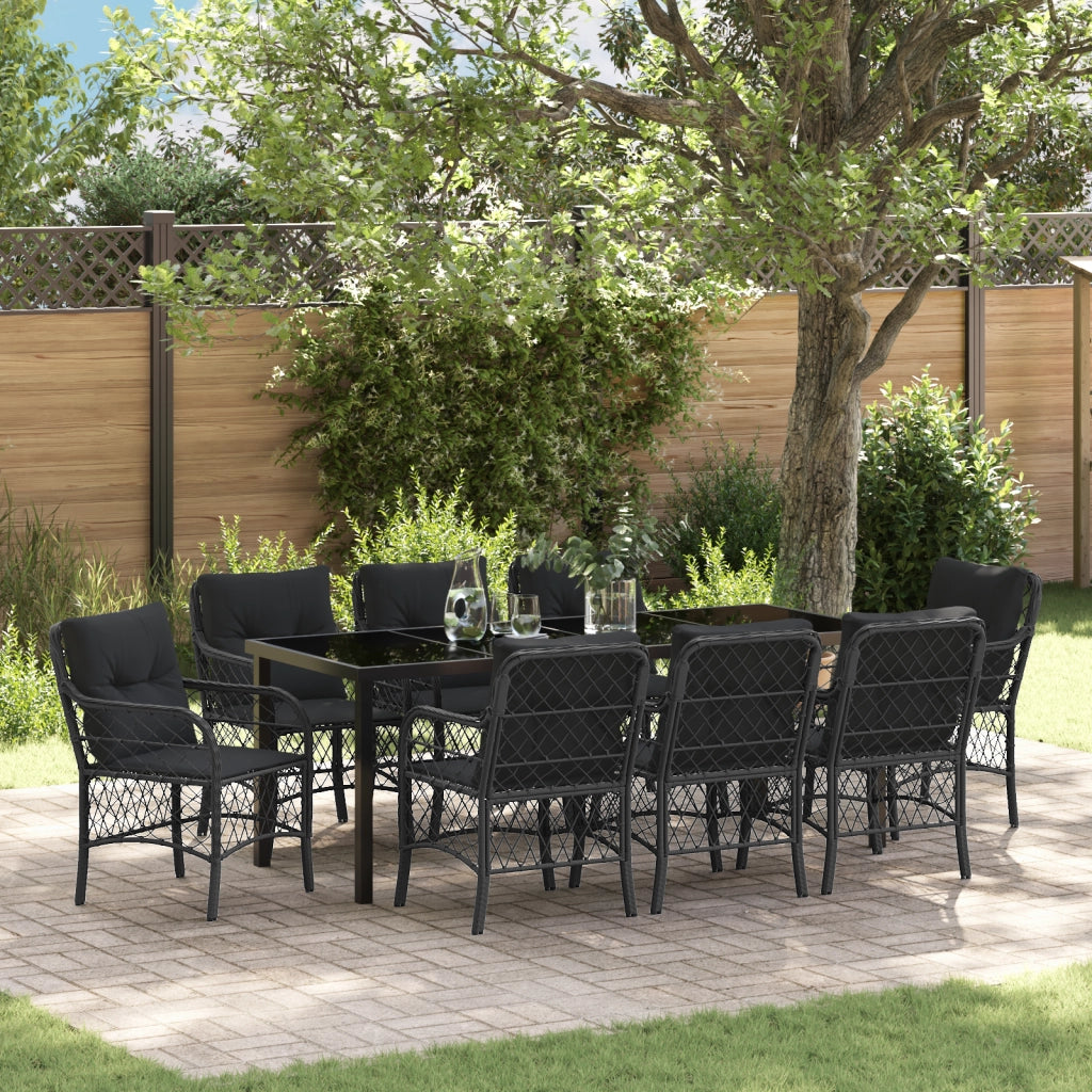 Set da Pranzo da Giardino 9 Pezzi con Cuscini Nero Polyrattan