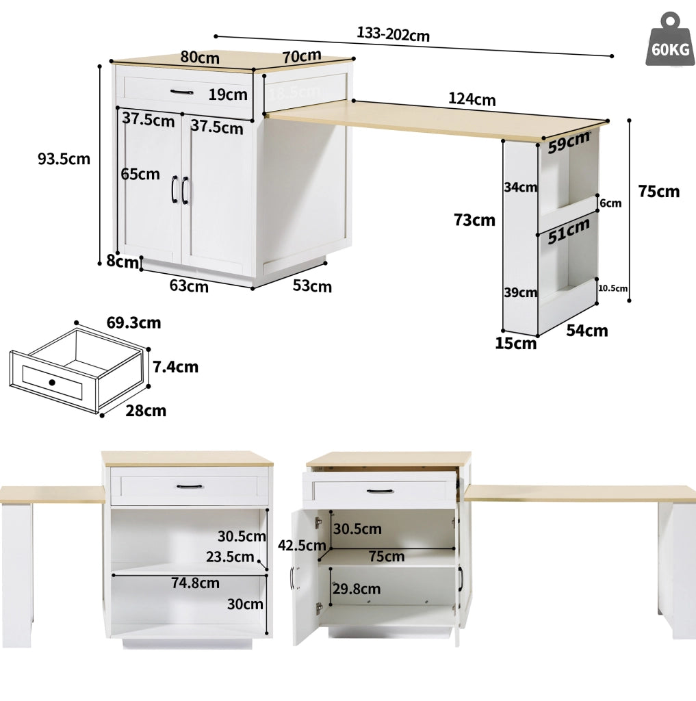 Tavolo bar allungabile 133x70x93.5 cm con contenitore in MDF bianco