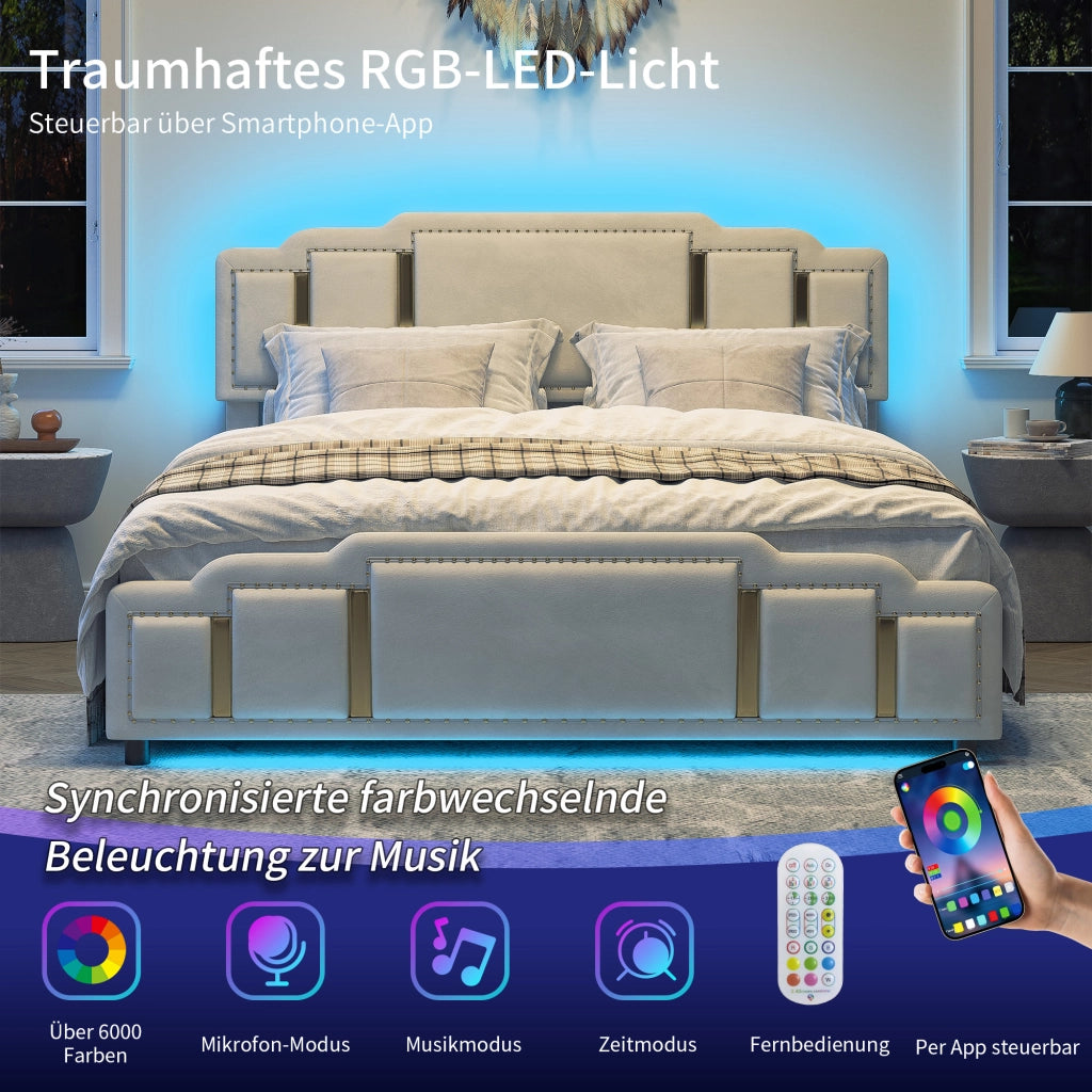 Letto con cassetti 160 × 200 cm con illuminazione LED a 7 colori, 4 cassetti, senza materasso, in velluto beige