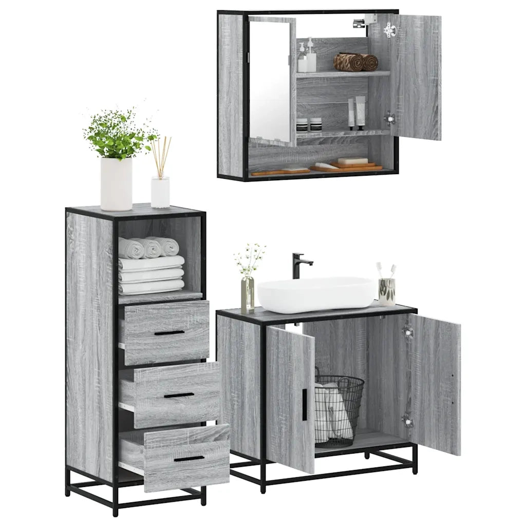 Set Mobili da Bagno 3 pz Grigio Sonoma in Legno Multistrato