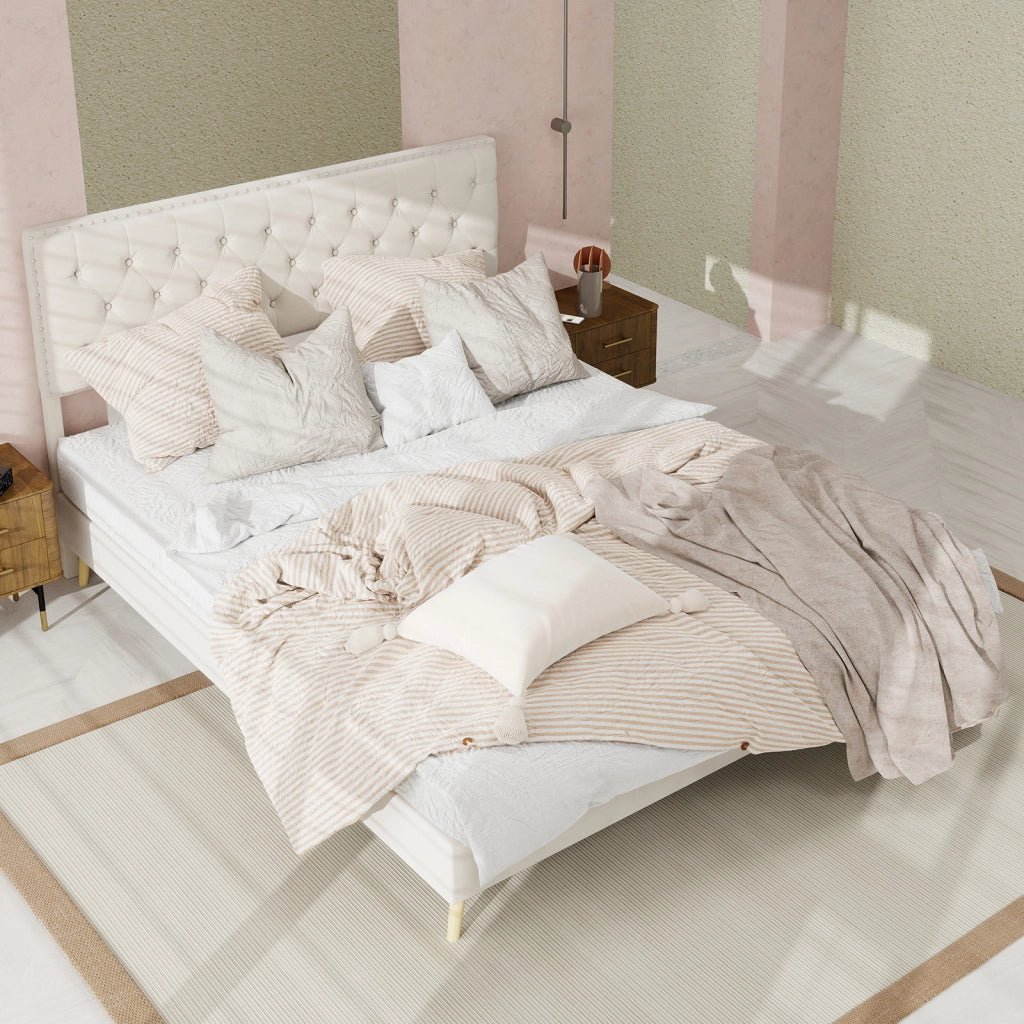 Letto Matrimoniale 140x200 cm con spazio inferiore; Testiera Alta in Velluto Beige
