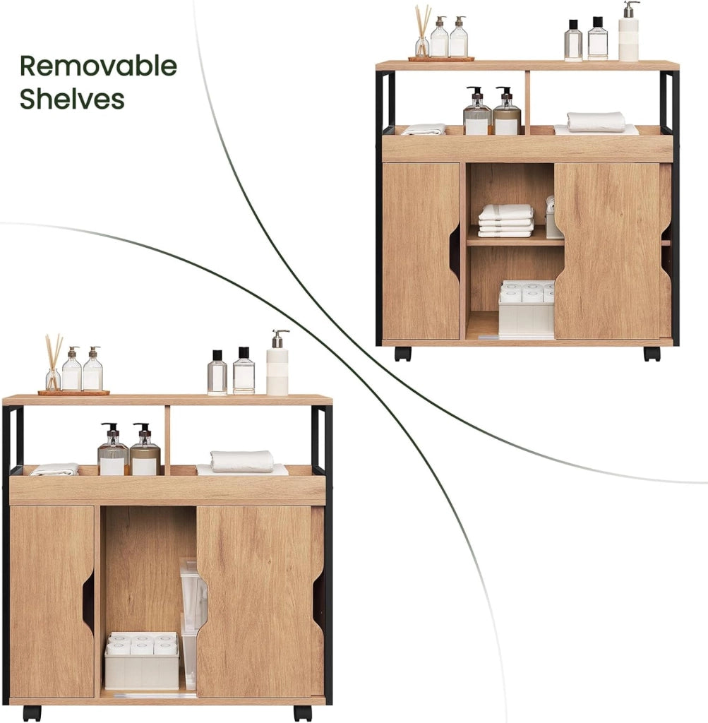 Mobile da Bagno Stretto, Mobile da Bagno con 2 Scomparti Aperti, Ripiano Regolabile, Ante Scorrevoli, Ripiano a Nicchia con Rotelle, 70x70x20 cm, Nero Rovere Chiaro
