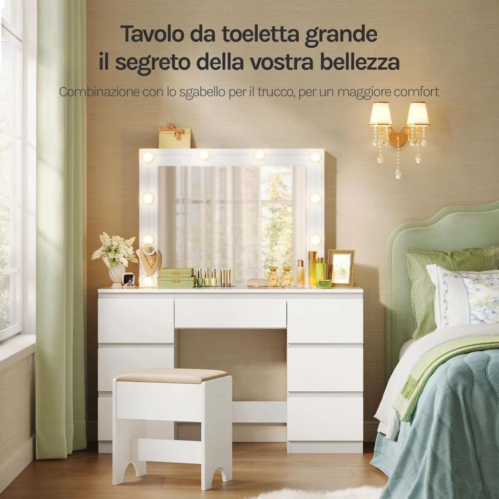 Toeletta da Trucco, con Specchio e Luci LED, Luminosità Regolabile, Tavolo da Trucco, con 7 Cassetti, Postazione Make Up, 107x39,5x140,5cm, Cassettiera in Legno, Bianco, MB6099ws