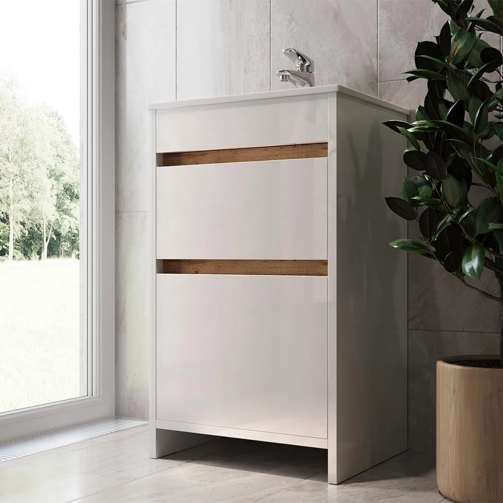 Set mobili bagno Detmold, Bianco lucido/oro power oak, 49 cm, composto da mobile sottolavabo e lavabo