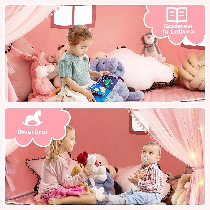 Tenda da Gioco per Bambini, Tenda Castello per 3-4 Bambini con Tende in Tessuto e Rete Luci a Stella e Finestre, Materassino in Cotone, per Bambini 3 Anni+, 146x96x133 cm (Rosa)