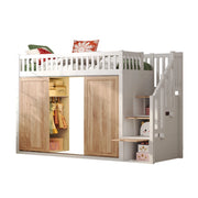 Letto a Soppalco 90x200 cm - Armadio; Scala; LED App - Bianco e Quercia in Legno