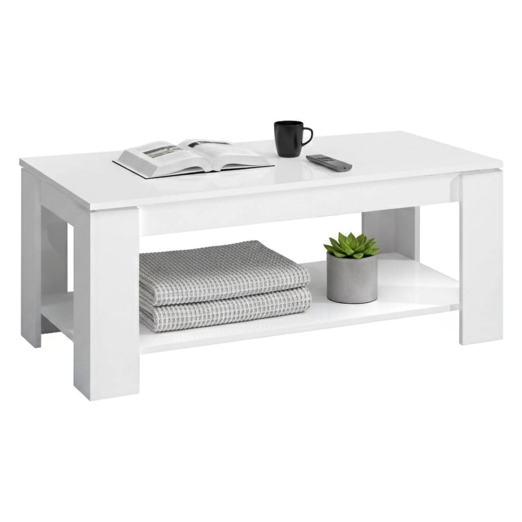 Tavolino da salotto Aeolus, Tavolino da caffÒ¨ con ripiano elevabile, Tavolo basso da soggiorno, cm 102x50h43/54, Bianco opaco