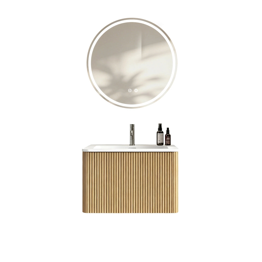 Mobile bagno con specchio LED sospeso con lavabo integrato e antiappannamento per bagno in MDF e solid surface rovere