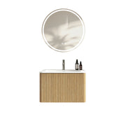 Mobile bagno con specchio LED sospeso con lavabo integrato e antiappannamento per bagno in MDF e solid surface rovere