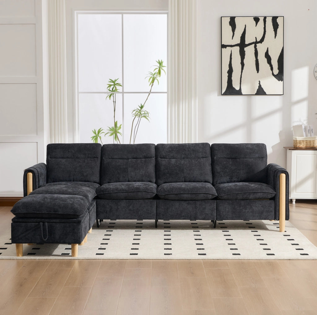 Divano modulare a U a 4 posti con 2 pouf contenitore; in chenille nero; 261 x 77 x 86 cm