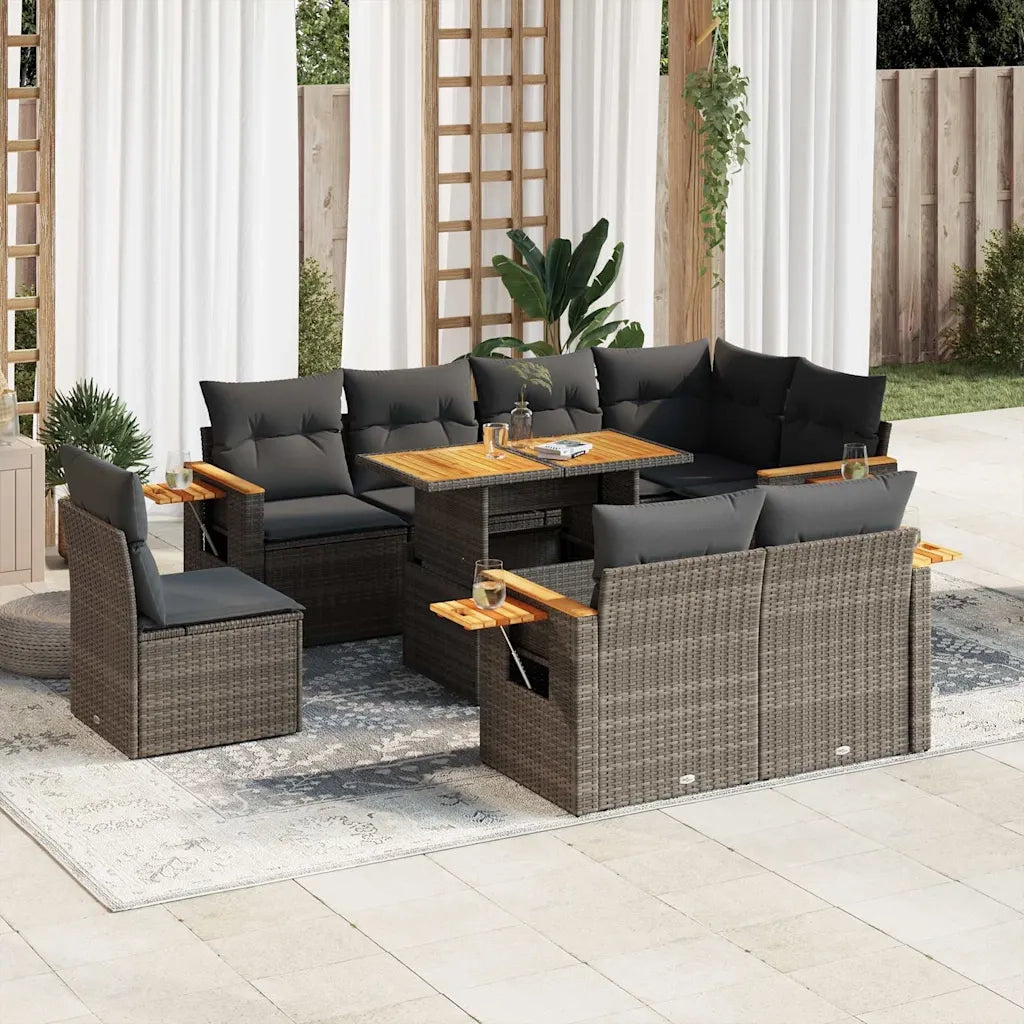 Set Divano da Giardino 9pz con Cuscini Grigio Polyrattan Acacia 3327616