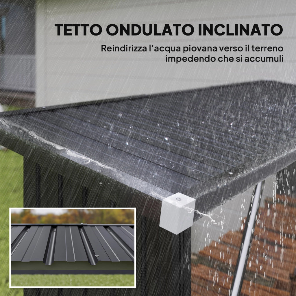 Capanno Portalegna in Acciaio da Esterno, Base Rialzata e Tetto Inclinato, 213x66.5x150 cm, Grigio Scuro