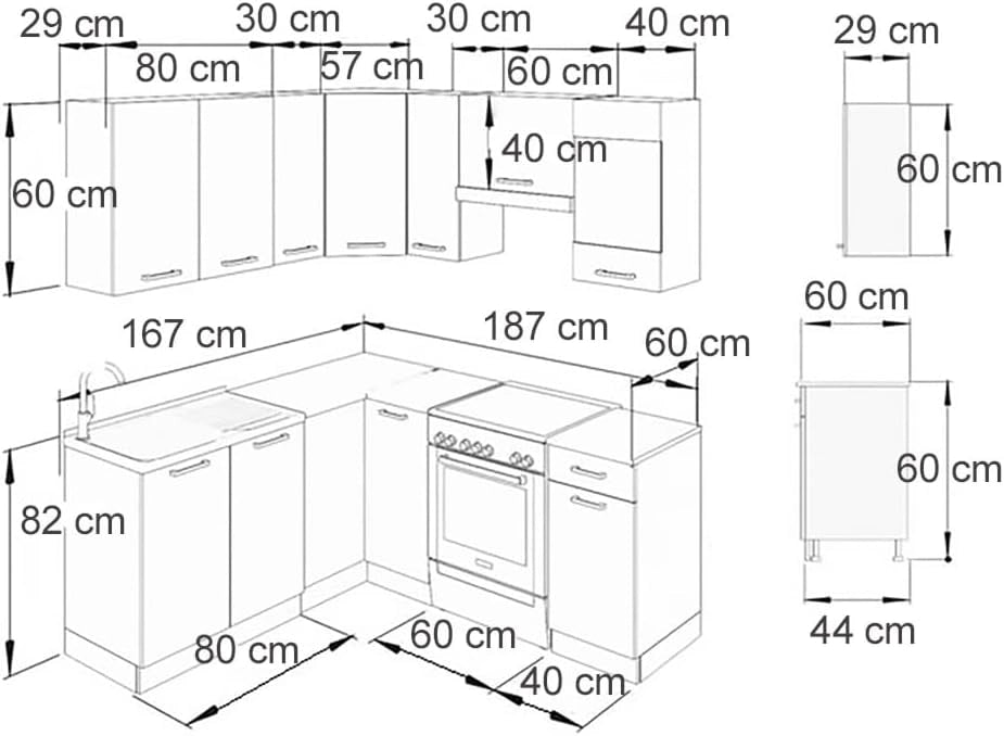Cucina angolare completa Rick, Bianco lucido/bianco, 190 x 60 cm, PL Marmo, con elementi modulari espandibili per una pianificazione flessibile della cucina