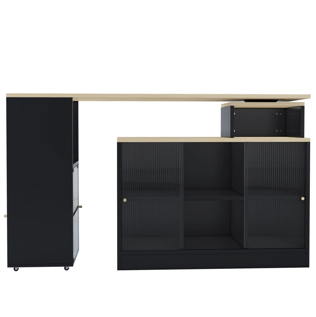 Tavolo bar allungabile con contenitore; mobile con ruote girevoli; MDF e vetro; nero